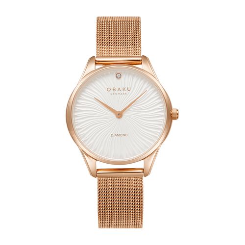 שעון OBAKU דגם V297LXVIMV לאישה לוח לבן רצועת פלדת אל חלד בצבע רוזגולד