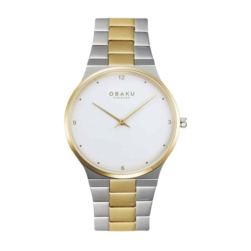 שעון OBAKU דגם V305GXFWSF לגבר לוח לבן רצועת פלדת אל חלד בצבע כסף וזהב