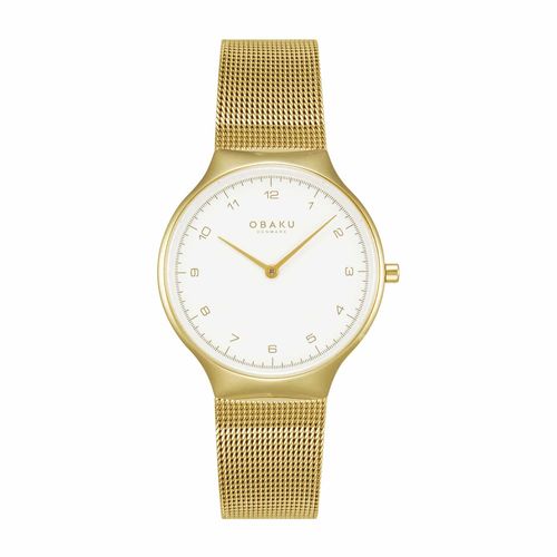 שעון OBAKU דגם V306LXGWMG לאישה לוח לבן רצועת פלדת אל חלד בצבע זהב