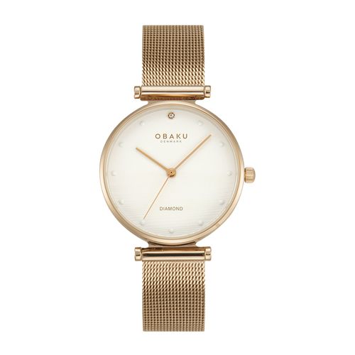 שעון OBAKU דגם V310LXVWMV לאישה לוח לבן רצועת פלדת אל חלד בצבע רוזגולד