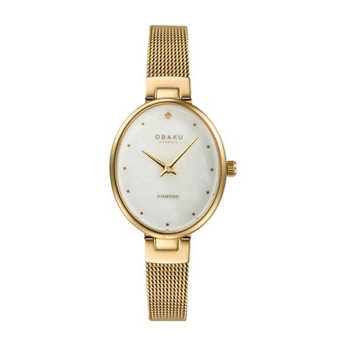 שעון OBAKU דגם V312LXGWMG לאישה לוח אם הפנינה רצועת פלדת אל חלד בצבע זהב