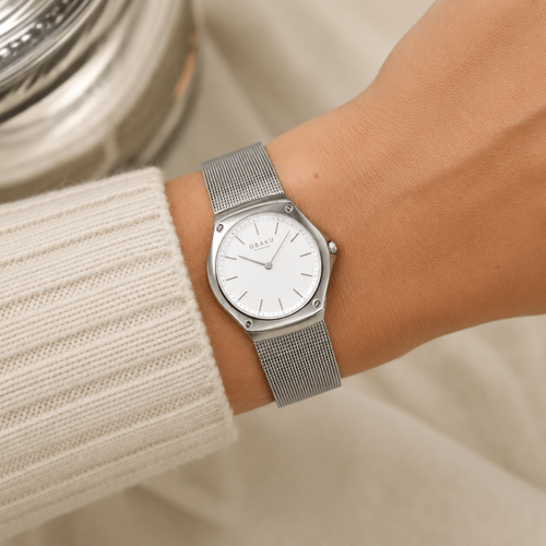 שעון OBAKU דגם V316LXCWMC לאישה לוח לבן רצועת פלדת אל חלד בצבע כסף – תמונה 2