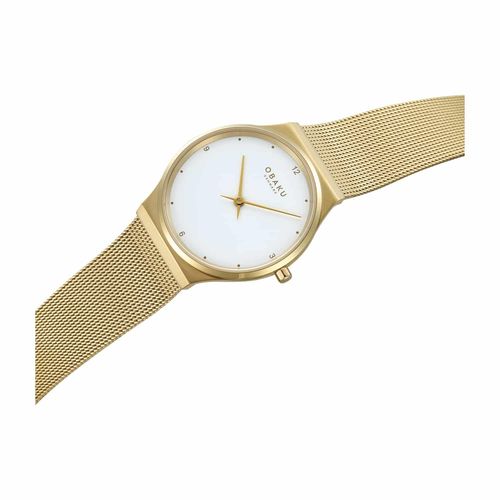 שעון OBAKU דגם V319LXGWMG לאישה לוח לבן רצועת פלדת אל חלד בצבע זהב – תמונה 2