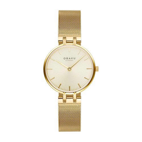 שעון OBAKU דגם V322LXGGMG לאישה לוח זהב רצועת פלדת אל חלד בצבע זהב