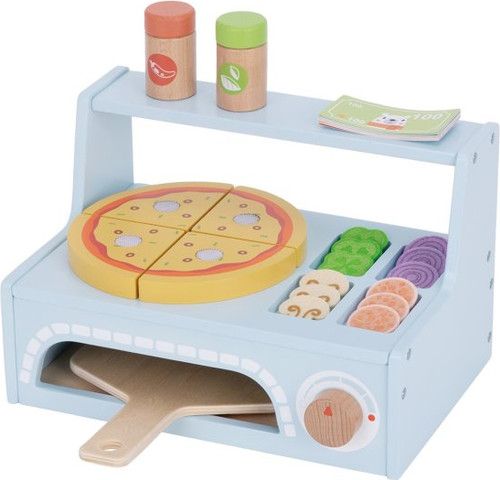 ערכת טאבון פיצה מעץ לילדים עם גלגלת חיתוך, כף פיצה, תוספות, שטרות כסף וקופסת משלוחים