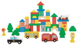 ערכת קוביות בנייה מעץ עיר בתנועה 50 חלקים לילדים הכוללת כלי רכב, מבנים, תמרורים ועצים