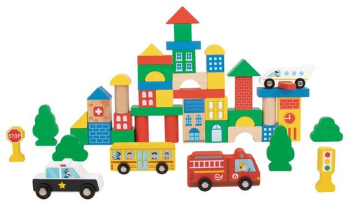 ערכת קוביות בנייה מעץ עיר בתנועה 50 חלקים לילדים הכוללת כלי רכב, מבנים, תמרורים ועצים