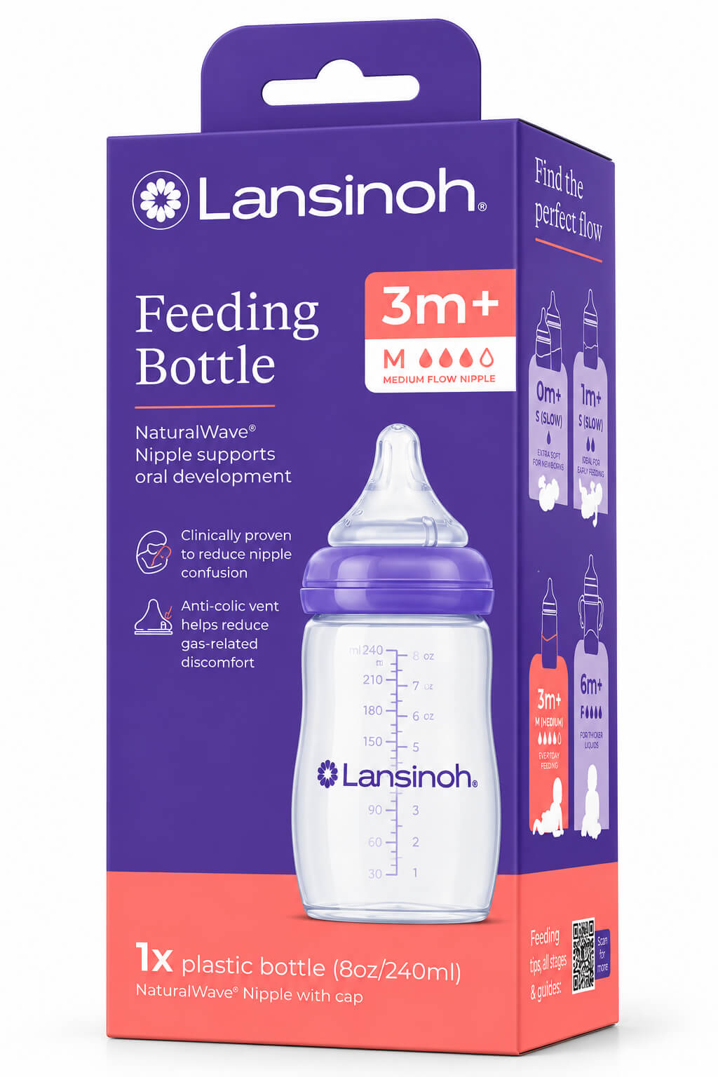 בקבוק האכלה 240 מ"ל עם פטמת NaturalWave ‏3+ חודשים Lansinoh
