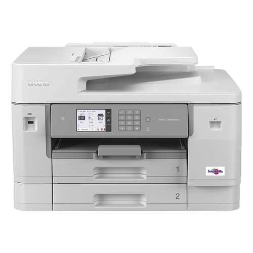 מדפסת משולבת דיו צבעונית A3 Brother MFC-J6955DW - מבט חזית, שני מגשי נייר