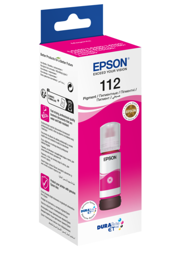 בקבוק דיו מג'נטה Epson 112 EcoTank Pigment, האריזה בזווית