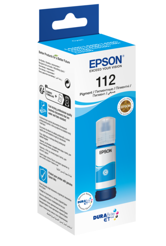 בקבוק דיו ציאן (כחול) Epson 112 EcoTank Pigment, האריזה בזווית
