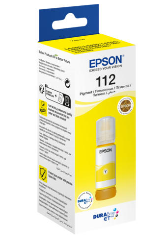 בקבוק דיו צהוב Epson 112 EcoTank Pigment, האריזה בזווית