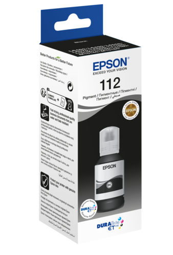 בקבוק דיו שחור פיגמנט Epson EcoTank 112 באריזה, מבט זוויתי