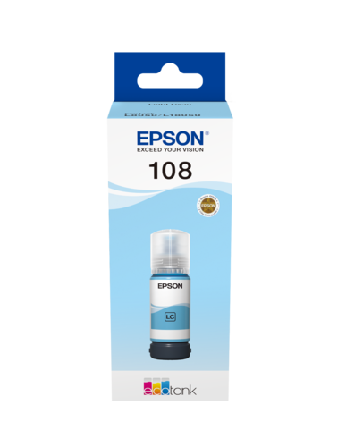 בקבוק דיו ציאן בהיר Epson EcoTank 108 באריזה, מבט חזית