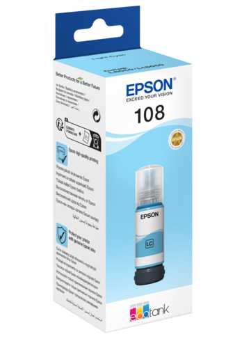 בקבוק דיו ציאן בהיר Epson EcoTank 108 באריזה, מבט זוויתי
