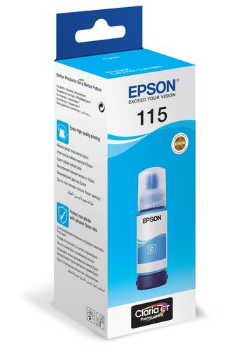 בקבוק דיו ציאן (כחול) מקורי Epson 115 EcoTank – אריזה במבט זוויתי