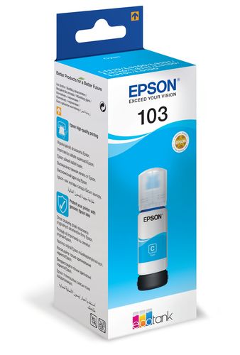 בקבוק דיו כחול Epson 103 EcoTank Cyan - אריזה בזווית