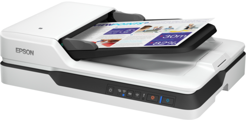 סורק מסמכים שטוח Epson WorkForce DS-1660W, מבט אלכסוני עם דף במזין האוטומטי