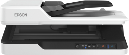 סורק מסמכים שטוח Epson WorkForce DS-1660W, מבט קדמי עם מכסה המזין פתוח והזכוכית גלויה
