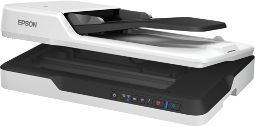 סורק מסמכים שטוח Epson WorkForce DS-1660W, מבט אלכסוני עם מכסה פתוח וזכוכית הסריקה