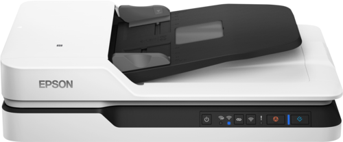 סורק מסמכים שטוח Epson WorkForce DS-1660W, מבט קדמי עם מגש הזנה פתוח וריק
