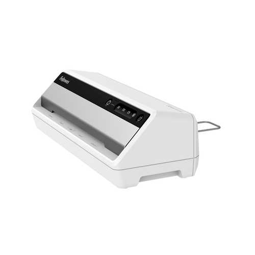 מכונת למינציה Fellowes Saturn A4 – מבט אלכסוני מקרוב עם ידית הגב