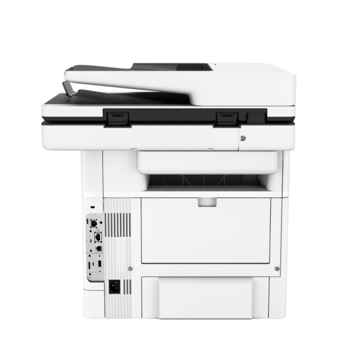 מדפסת משולבת HP LaserJet Enterprise MFP M527 – מבט אחורי עם חיבורים ומגש יציאה