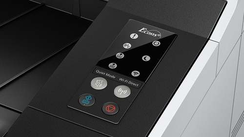 מדפסת לייזר Kyocera ECOSYS P2235dw – תקריב לוח הבקרה עם Wi-Fi Direct ומצב שקט