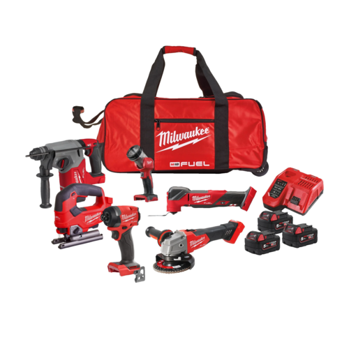 סט 6 כלי עבודה נטענים Milwaukee M18 FPP6L3-503B FUEL 18V - כולל 3 סוללות 5.0Ah ותיק גלגלים - EN -