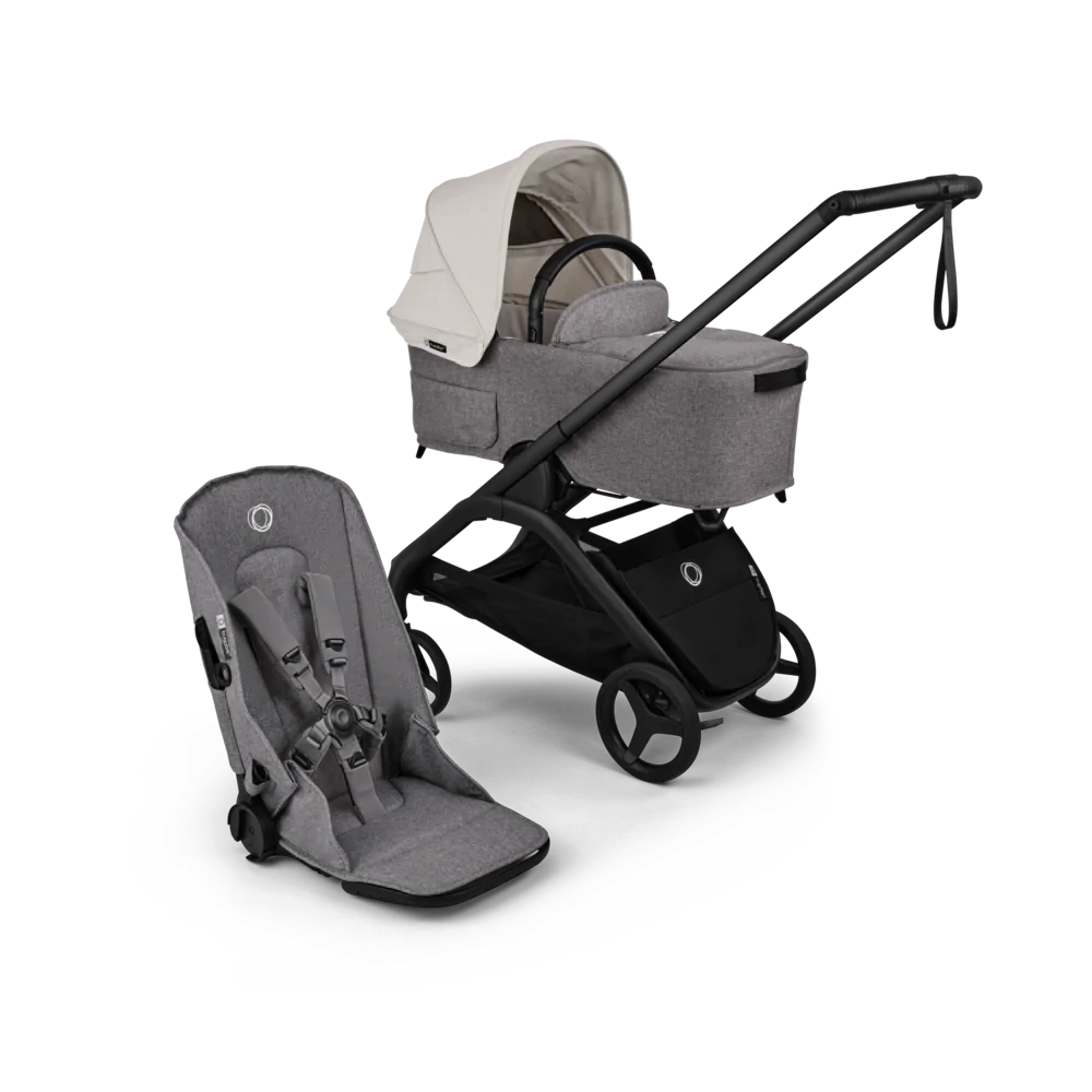 עגלת תינוק דרגונפליי פלוס + Bugaboo Dragonfly Plus - שלד שחור | בד אפור מלאנג | גגון לבן מיסטי