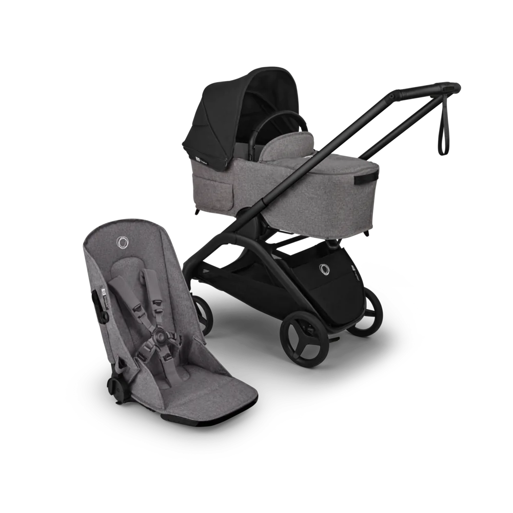 עגלת תינוק דרגונפליי פלוס + Bugaboo Dragonfly Plus - שלד שחור | בד אפור מלאנג | גגון שחור מידנייט