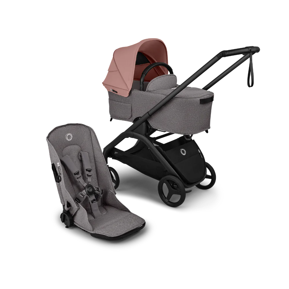 עגלת תינוק דרגונפליי פלוס + Bugaboo Dragonfly Plus - שלד שחור | בד אפור מלאנג | גגון ורוד דאסטי
