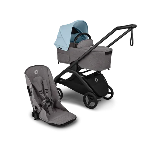 עגלת תינוק דרגונפליי פלוס + Bugaboo Dragonfly Plus - שלד שחור | בד אפור מלאנג | גגון תכלת סקייליין