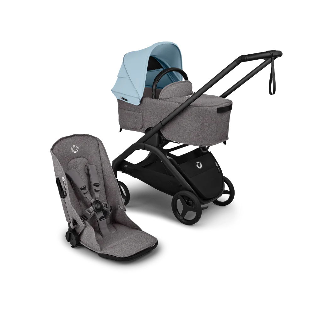 עגלת תינוק דרגונפליי פלוס + Bugaboo Dragonfly Plus - שלד שחור | בד אפור מלאנג | גגון תכלת סקייליין