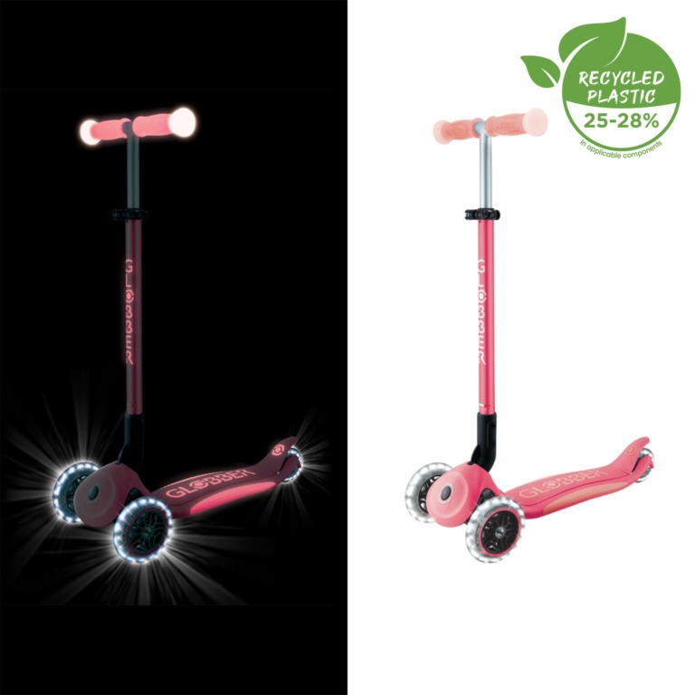 קורקינט זוהר בחושך עם אורות צבע ורוד קורל Globber Elite Glow Lights