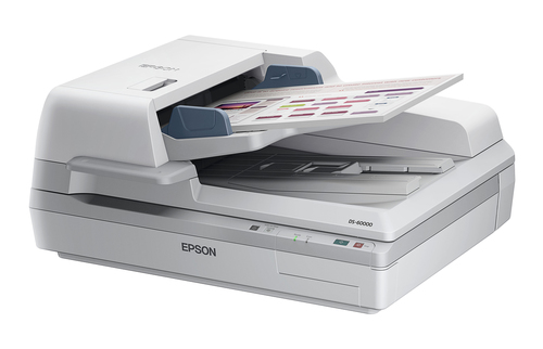 סורק A3 Epson WorkForce DS-60000, מבט זוויתי עם מסמך במזין