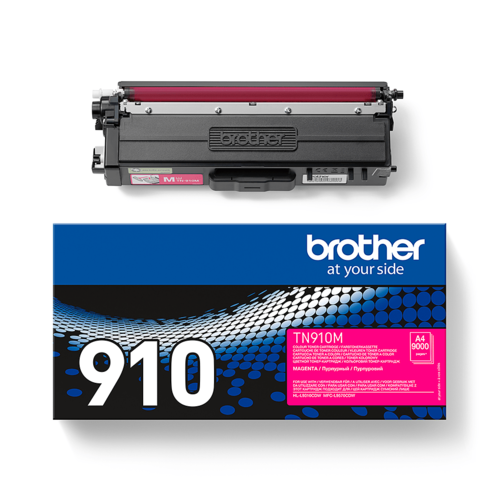 מחסנית טונר מקורית Brother TN910M מג'נטה לצד האריזה - מבט מלפנים