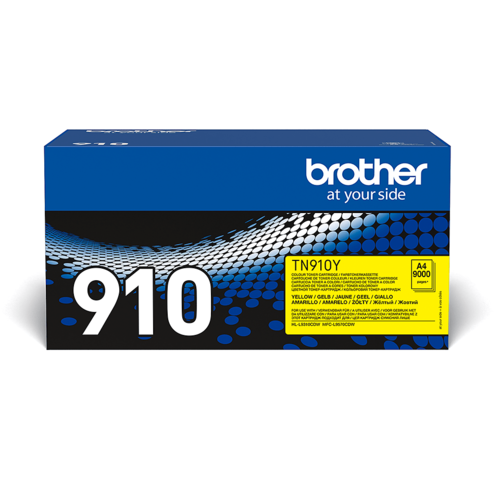 אריזת מחסנית טונר מקורית Brother TN910Y צהוב - מבט קדמי על הקופסה