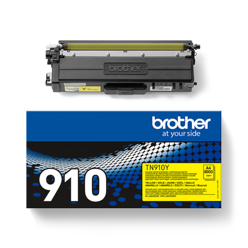 מחסנית טונר מקורית Brother TN910Y צהוב לצד האריזה - מבט מלפנים