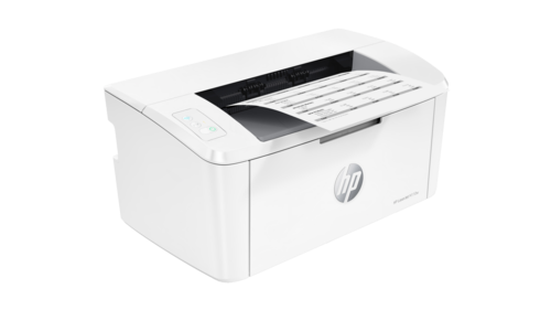מדפסת לייזר אלחוטית HP LaserJet M110w - מבט בזווית עם דף יוצא ולוח בקרה