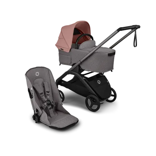 עגלת תינוק דרגונפליי פלוס + Bugaboo Dragonfly Plus - שלד גרפיט | בד אפור מלאנג | גגון ורוד דאסטי