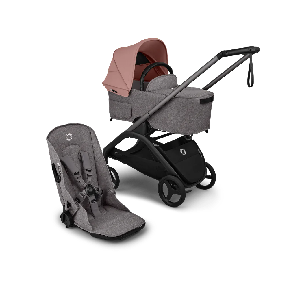 עגלת תינוק דרגונפליי פלוס + Bugaboo Dragonfly Plus - שלד גרפיט | בד אפור מלאנג | גגון ורוד דאסטי