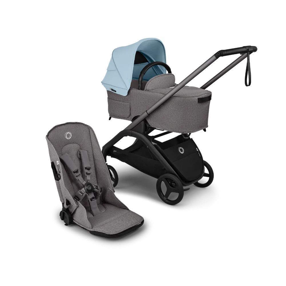 עגלת תינוק דרגונפליי פלוס + Bugaboo Dragonfly Plus - שלד גרפיט | בד אפור מלאנג | גגון תכלת סקייליין