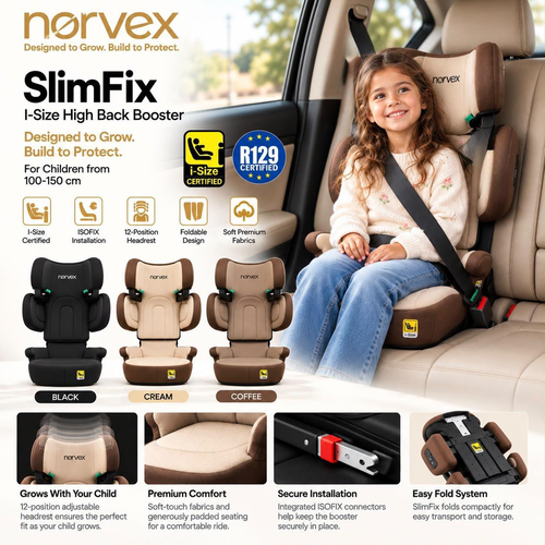 בוסטר מתקפל לרכב דגם SlimFix מבית norvex בתקן i-Size מתקדם וחיבורי ISOFIX - קפה