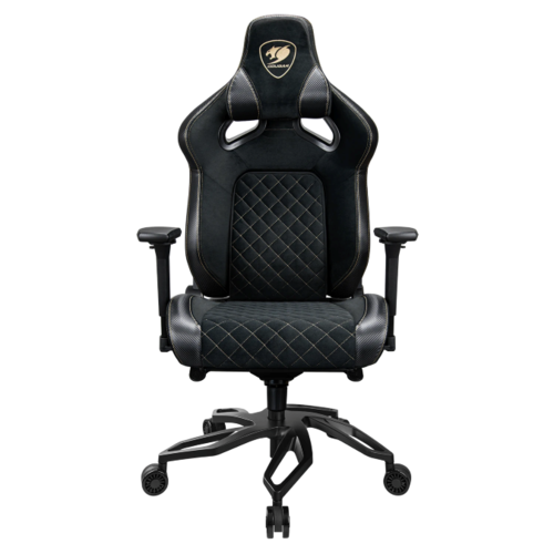 כיסא גיימינג COUGAR TITAN PRO V2 GOLD – מבט חזיתי מלא עם ריפוד קטיפה שחור ותפרים מוזהבים