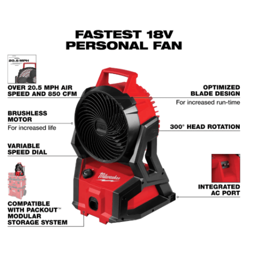 מאוורר נטען Milwaukee M18 Brushless PACKOUT דגם 0818-20 גוף בלבד