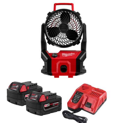 סט מאוורר מילווקי Milwaukee M18 Brushless PACKOUT דגם 0818-20 כולל 2 סוללות 5Ah ומטען