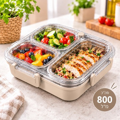 קופסת אוכל מחולקת ל-3 תאים , 800 מ
