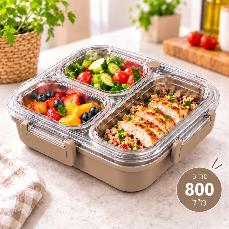 קופסת אוכל מחולקת ל-3 תאים , 800 מ"ל - חום 