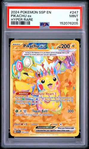 קלפי פוקימון קלף מדורג PSA9 2024 POKEMON SSP EN-SURGING SPARKS #247 PIKACHU ex HYPER RARE